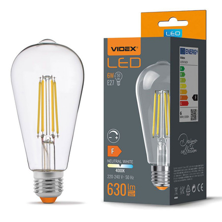Żarówka LED E27 ST64 Edison 6W = 50W 630lm 4000K Neutralna 360° FILAMENT Ściemnialna Videx