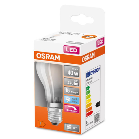 Żarówka LED A60 E27 4.8W = 40W 470lm 4000K Neutralna 320° Ściemnialna Retrofit Filament CLASSIC Osram