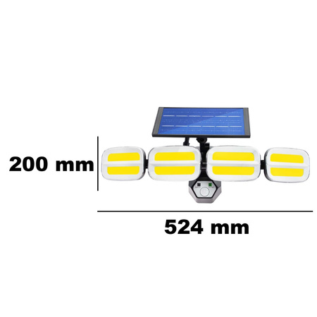 Naświetlacz solarny lampa 4x COB LED 20W 800lm Zimna czujnik ruchu IP65 + Pilot