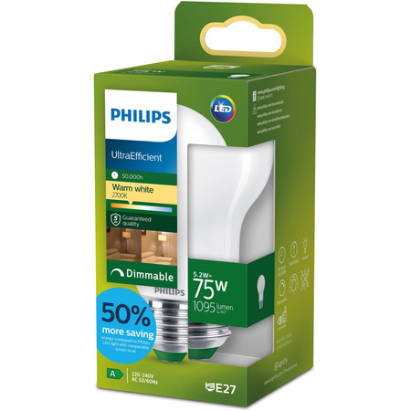 Żarówka LED E27 A60 5.2W = 75W 1095lm 212lm/W 2700K Ciepła 300° KLASA A Ściemnialna UltraEfficient Philips