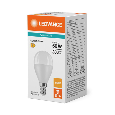Żarówka LED P45 E14 6.5W = 60W 806lm 2700K Ciepła Biała LEDVANCE