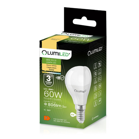 Żarówka LED E14 Kulka P45 8W = 60W 806lm 3000K Ciepła 180° LUMILED