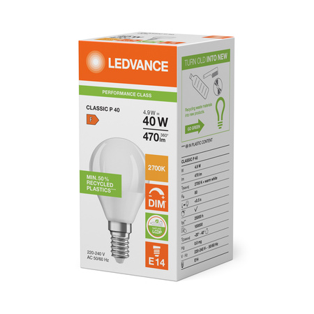 Żarówka LED Kulka E14 P45 4.9W = 40W 470lm 2700K Ciepła 200° Ściemnialna Ledvance