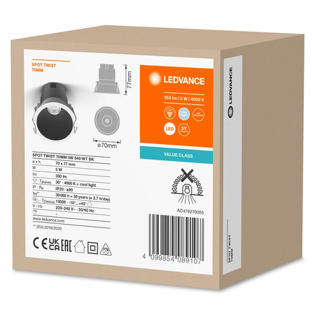 Panel LED Oprawa Podtynkowa Punktowa 5W 350lm 4000K Neutralna Oczko Spot Biały Czarny Downlight Slim Ledvance