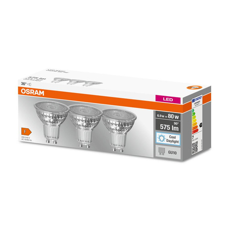 3x Żarówka LED PAR16 Reflektor GU10 6.9W = 80W 575lm 6500K Zimna 36° BASE Osram