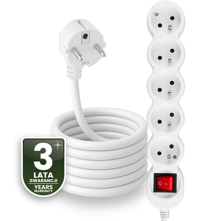 Przedłużacz Sieciowy Kabel z Uziemieniem Listwa Zasilająca 5 Gniazd 5m Włącznik ON/OFF Biały Sznur Lendo Lumiled
