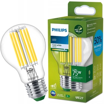 Żarówka LED E27 A60 210.6lm/W  5.2W = 75W 1095lm 4000K Neutralna Filament PHILIPS Ultra Efficient