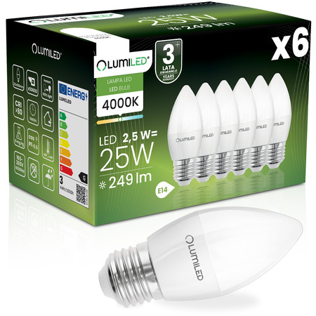 6x Żarówka LED E27 Świeczka B35 2,5W = 25W 249lm 4000K Neutralna 180° LUMILED