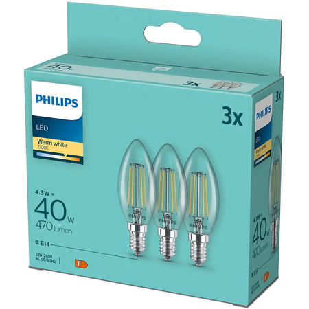 3x Żarówka LED E14 Świeczka B35 4,3W = 40W 470lm 2700K Ciepła FILAMENT Philips