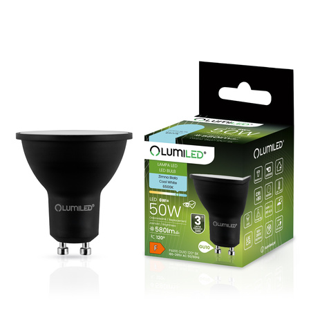 Żarówka LED GU10 Reflektor PAR16 6W = 50W 580lm 6500K Zimna 120° Czarna LUMILED