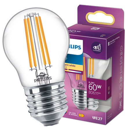 Żarówka LED Kulka E27 P45 6.5W = 60W 806lm 2700K Ciepła Filament PHILIPS