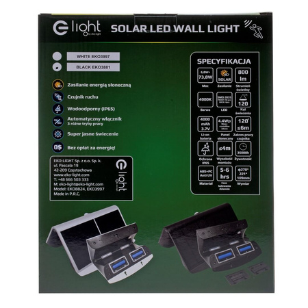 Lampa Ogrodowa Solarna Kinkiet Elewacyjny BUTTERFLY LED IP65 6,8W 4000K Czujnik Czarna Eko-Light