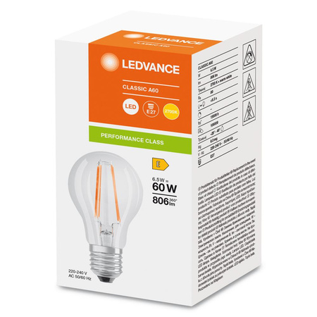 Żarówka LED A60 E27 6.5W = 60W 806lm 2700K Ciepła Biała FILAMENT LEDVANCE