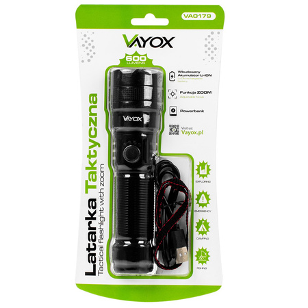 Latarka Akumulatorowa LED Taktyczna 600lm 10W Lampka Ręczna Mocna ZOOM POWERBANK VA0179 VAYOX