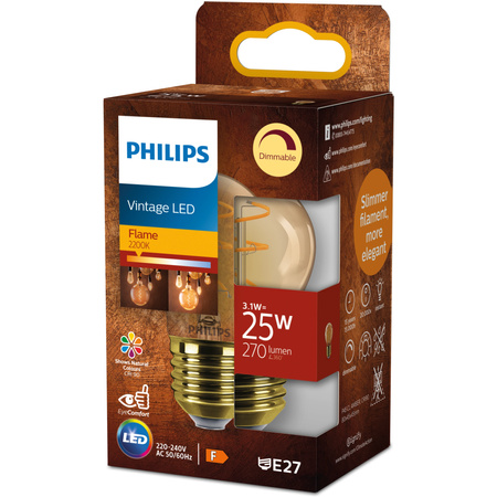 Żarówka LED E27 Kulka P45 3.1W = 25W 270lm 2200K Ciepła CRI90 300° FILAMENT Vintage Bursztynowy Ściemnialna Decorative Philips