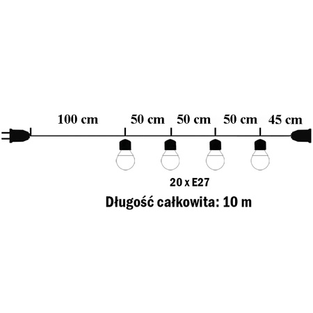 Girlanda Ogrodowa Zewnętrzna Łańcuch Świetlny 10m 20xE27 LED 1,3W Kobi