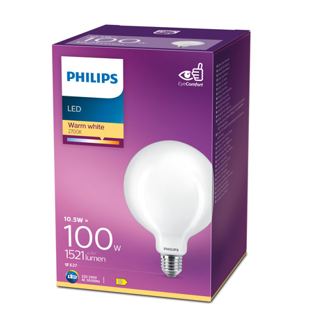 Żarówka LED Globe E27 G120 10.5W = 100W 1521lm 2700K Ciepła Filament Mleczna PHILIPS