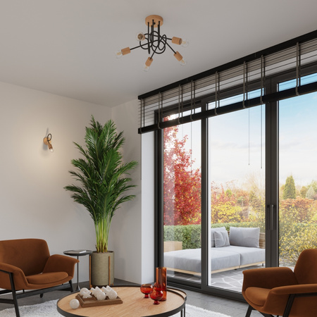 Lampa Sufitowa Żyrandol Pająk Wisząca 5x E27 Naturalne Drewno Czarna Ember Peach Puff SL.1478 Sollux