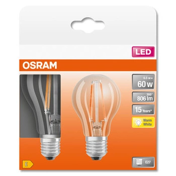 2Pak Żarówka LED E27 A60 6,5W = 60W 806lm 2700K Ciepła 300° Filament OSRAM STAR