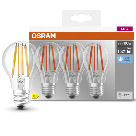 3PAK Żarówka LED E27 A60 11W = 100W 1521lm 4000K Neutralna 300° Filament OSRAM BASE