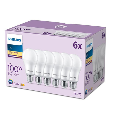 6x Żarówka LED E27 A65 13W = 100W 1521lm 2700K Ciepła 150° EC Multipack Philips