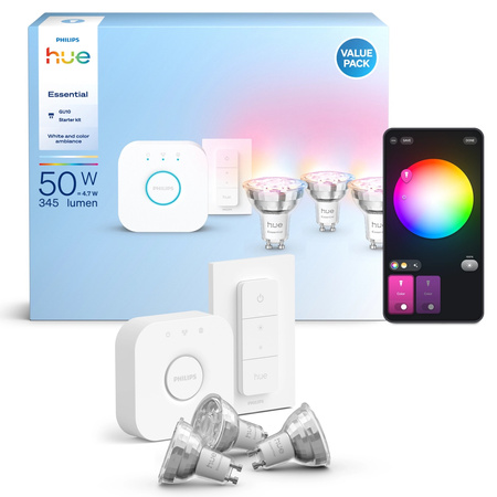 3x Żarówka LED GU10 Reflektor PAR16 4,7W = 50W 345lm 2200-6500K CCT + RGB SMART Inteligentna Bluetooth ZigBee White and Color Ambiance + Mostek Bridge + Regulator Pilot Philips HUE Essential