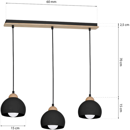 Lampa wisząca w stylu skandynawskim sufitowa czarna MiLAGRO DAMA 3x E27 Drewno + metal