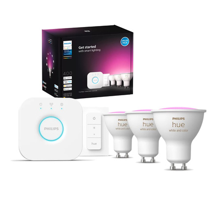 3PAK Żarówka LED GU10 4.2W CCT RGB PHILIPS HUE White & COLOR Ambiance Bluetooth Zigbee + Mostek Hue Bridge + Przełącznik Dimmer Switch