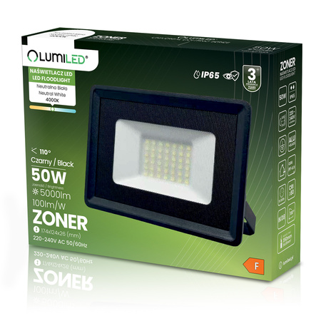 Naświetlacz LED ZONER 50W 5000LM 4000K IP65 Czarny LUMILED