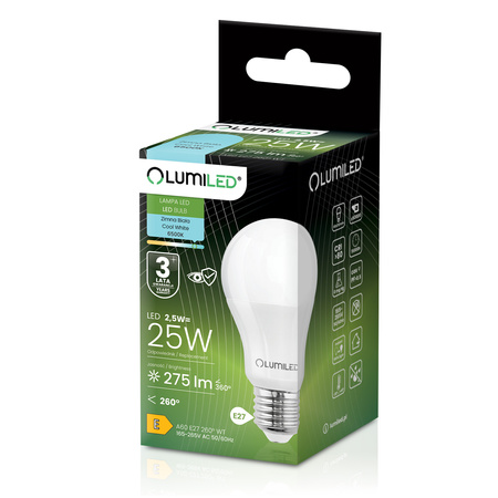Żarówka LED E27 A60 2,5W = 25W 275lm 6500K Zimna 260° LUMILED