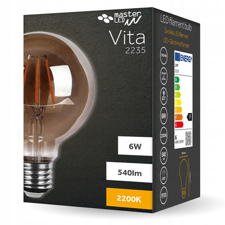 Żarówka LED E27 G80 6W = 50W 650lm 2200K Ciepła 360° Filament dymiona