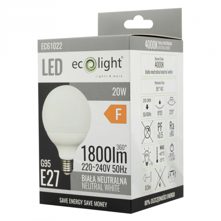 Żarówka LED Kula G95 E27 20W 1800lm 4000K Neutralna Ecolight