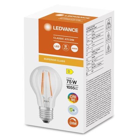 Żarówka LED E27 A60 7,5W = 75W 1055lm 4000K Neutralna 300° CRI90 Filament Ściemnialna LEDVANCE Superior