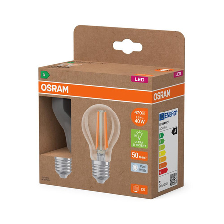 2x Żarówka LED A60 E27 2.2W = 40W 470lm 4000K Neutralna 320° Filament CLASSIC ENERGY EFFICIENCY Osram