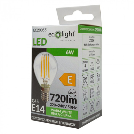 Żarówka LED Kulka P45 E14 6W 720lm 2700K Ciepła FILAMENT Ecolight