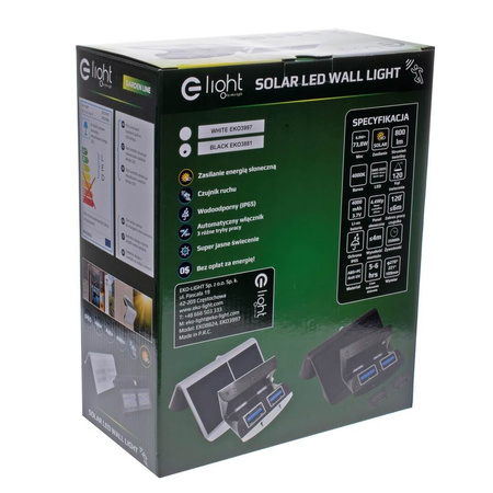 Lampa Ogrodowa Solarna Kinkiet Elewacyjny BUTTERFLY LED IP65 6,8W 4000K Czujnik Czarna Eko-Light