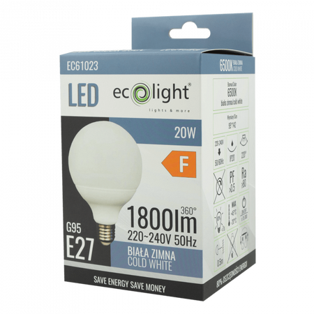 Żarówka LED Kula G95 E27 20W 1800lm 6500K Zimna Ecolight
