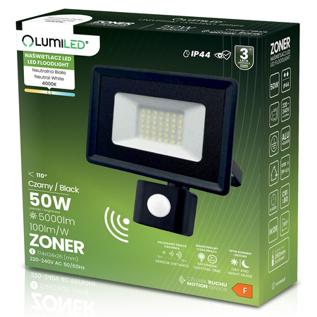 Naświetlacz LED ZONER 50W 5000LM 4000K IP44 Czarny Czujnik Ruchu LUMILED