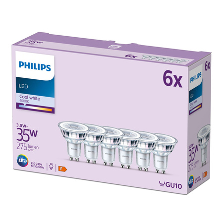 6x Żarówka LED GU10 Reflektor PAR16 3.5W = 35W 275lm 4000K Neutralna 36° EC Multipack Philips