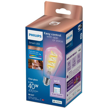 Żarówka LED E27 Edison ST64 6.3W = 40W 470lm 2200-6500K RGB + TW FILAMENT Inteligentna SMART WiFi Bluetooth Aplikacja WiZ Philips