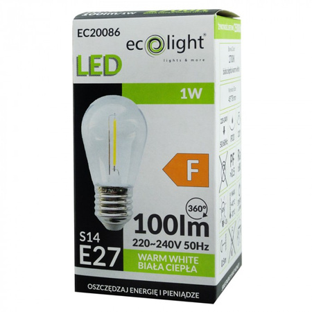 Żarówka LED Edison S14 E27 1W 100lm 2700K Ciepła FILAMENT Ecolight