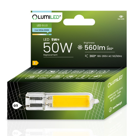 Żarówka LED G9 Kapsułka 5W = 50W 560lm 6500K Zimna 360° FILAMENT LUMILED