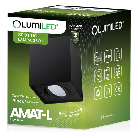 Oprawa Natynkowa HALOGENOWA Spot Tuba Ruchoma GU10 Kwadratowa Czarna 115mm AMAT-L LUMILED