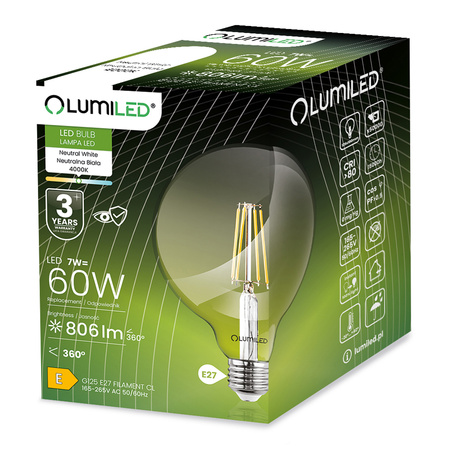 3x Żarówka LED E27 Kula G125 7W = 60W 806lm 4000K Neutralna 360° FILAMENT LUMILED