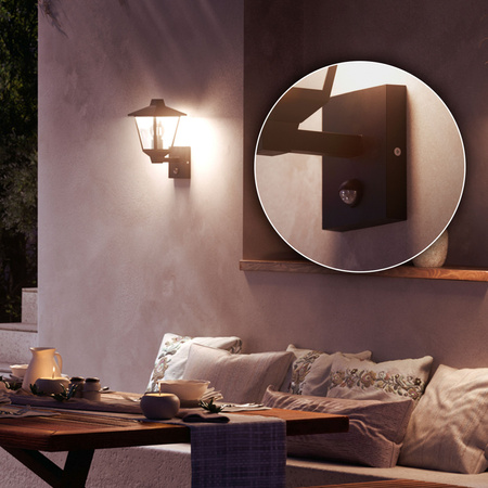 Kinkiet Ogrodowy Lampa Elewacyjna Zewnętrzna LATARNIA E27 IP44 z Czujnikiem Ruchu i Zmierzchu Czarna Kinno Philips