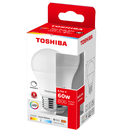 Żarówka LED E27 A60 8,5W = 60W 806lm 6500K Zimna Ściemnialna TOSHIBA