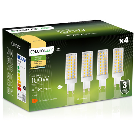 4x Żarówka LED G9 Kapsułka 12W = 100W 1152lm 3000K Ciepła 360° LUMILED
