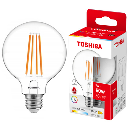 Żarówka LED E27 G95 7W = 60W 806lm 2700K Ciepła Filament Ściemnialna TOSHIBA