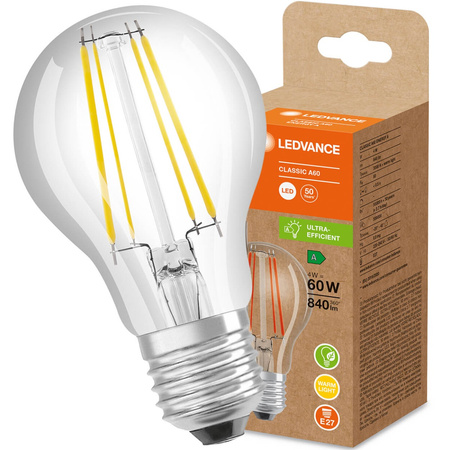 Żarówka LED E27 A60 4W = 60W 840lm 3000K Ciepła 300° Filament LEDVANCE Ultra Efficient