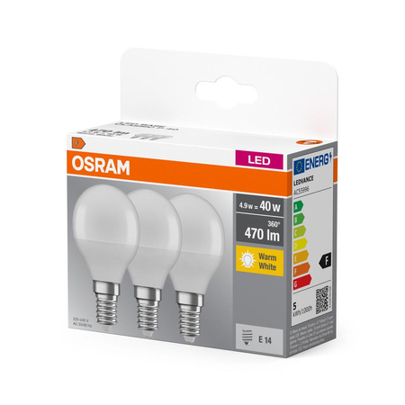 3x Żarówka LED P45 Kulka E14 4.9W = 40W 470lm 2700K Ciepła 150° BASE Osram